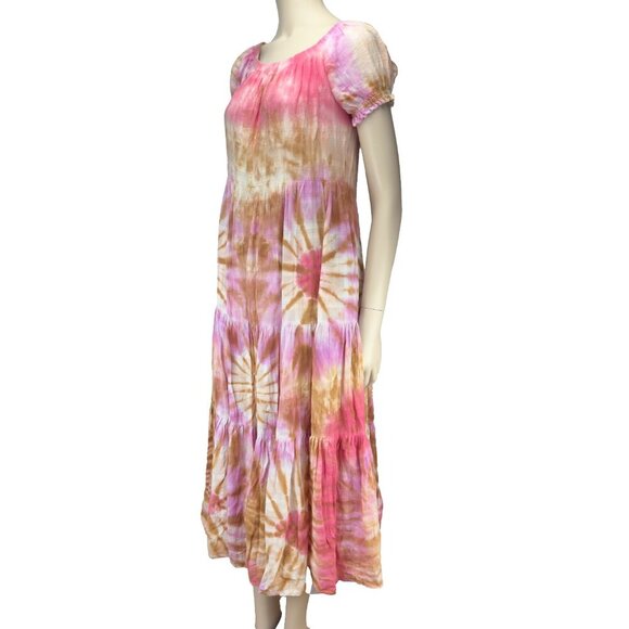 YOUNG FABULOUS & BROKE Tie-Dye Smocked Maxi Bohemian Boho Puffed sleeves Pink XS - Picture 4 of 8